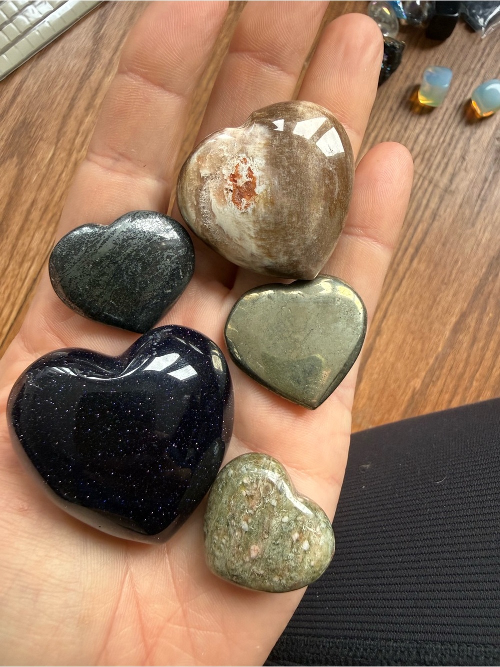 Collection of crystal hearts - 2 ocean jasper, pyrite, hematite, & goldstone
